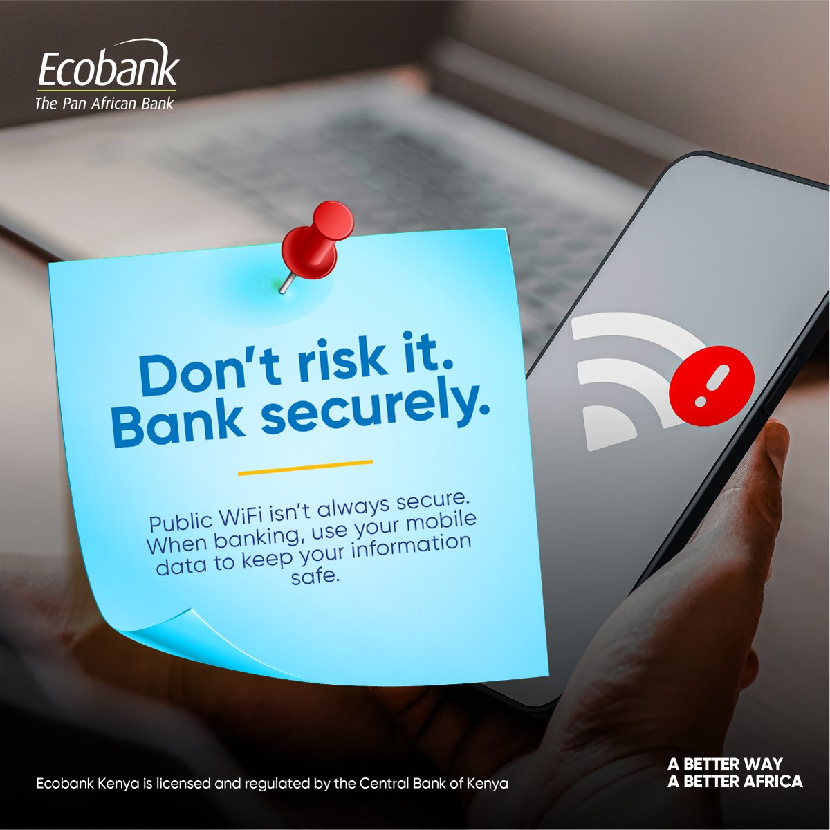 EcobankKenya's tweet image. Don’t risk it. Bank securely.

Public WiFi can expose your personal and financial information. When banking, always switch to mobile data for a safer, more secure experience.

Stay protected every step of the way.

#Ecobank40 #ABetterWay #BankSecurely