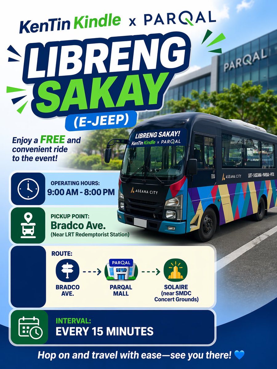 KenTin Kindle Fan Project — Reveal #3✨

🚐✨ Kindle x Parqal LIBRENG SAKAY 

🕘 9:00 AM – 8:00 PM
📍 Pickup: Bradco Ave. (near LRT Redemptorist Station)

🛣️ Route:
Bradco Ave. → Parqal Mall → Solaire (near SMDC Concert Grounds)

#WakasatSimula #SB19 <a href="/SB19Official/">SB19 Official</a>