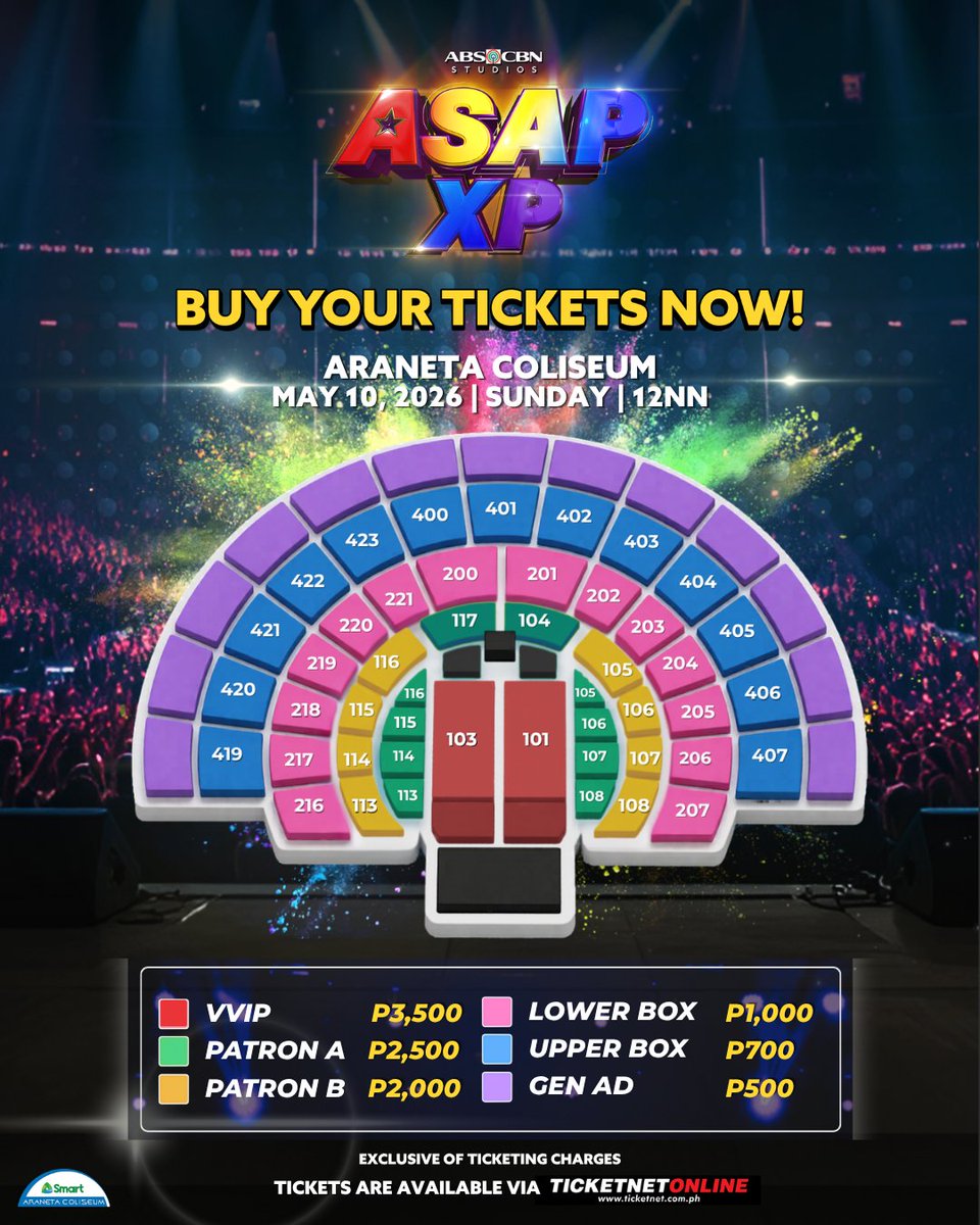 It’s official - ASAP XP tickets are OUT NOW! 🎫🤩

Experience the ultimate concert vibe on ASAP XP at the Araneta Coliseum! Don’t miss the music, the energy, and the unforgettable performances this May 10, Sunday!

Secure your seats today and be part of the #ASAP XPerience!💥✨