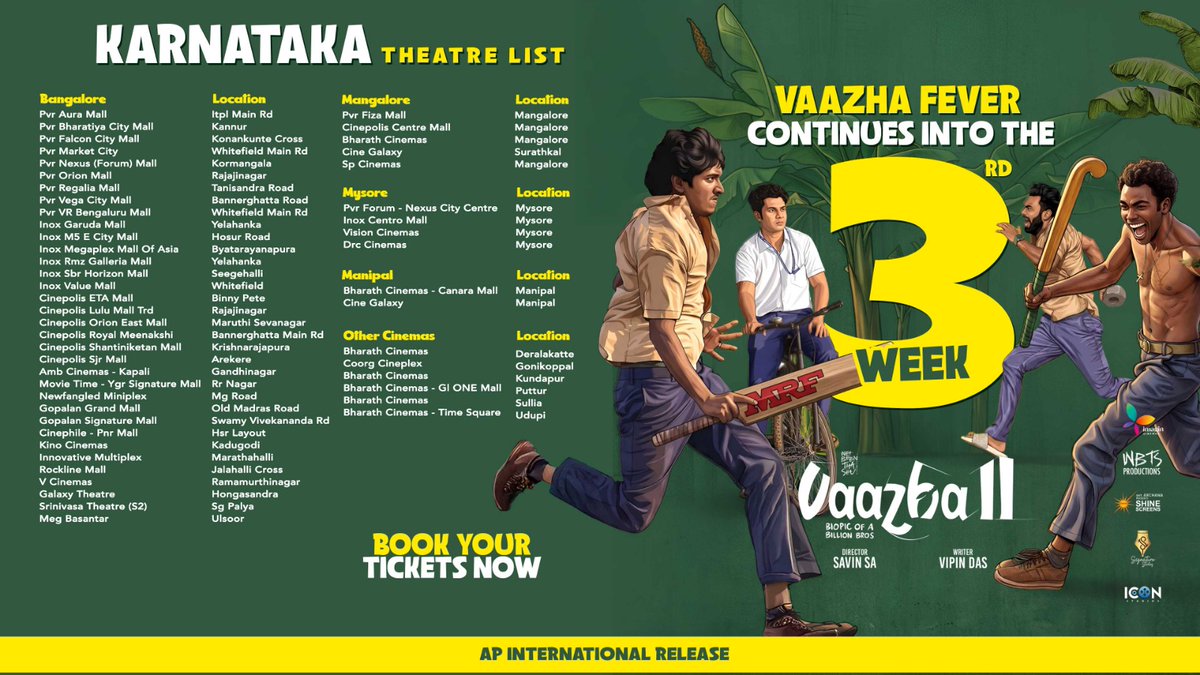 APIfilms's tweet photo. Canโt stop the Vaazha boysโ fire! ๐ฅ
More shows. More screens.
#Vaazha2 expands across India (Excl. Kerala).
Check the updated theatre list now.
#vaazhamovie #vipindashb #SavinSA #HarrisDesom #anishpbharath #ImaginCinemas #wbtsstories #adarshnarayan #amalpaulson #SahuGarapati #ShineScreensCinema #IconCinemas #signaturestudios #hashireeeeeee #ajinjoi #vinayakkvv #actorvijaybabu #puthrenalphonse #sudheeshactor #ameenal #Innydivakaran #vvipink #10gmedia
