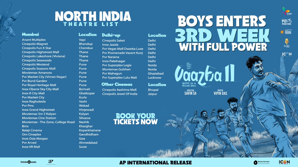 APIfilms's tweet photo. Canโt stop the Vaazha boysโ fire! ๐ฅ
More shows. More screens.
#Vaazha2 expands across India (Excl. Kerala).
Check the updated theatre list now.
#vaazhamovie #vipindashb #SavinSA #HarrisDesom #anishpbharath #ImaginCinemas #wbtsstories #adarshnarayan #amalpaulson #SahuGarapati #ShineScreensCinema #IconCinemas #signaturestudios #hashireeeeeee #ajinjoi #vinayakkvv #actorvijaybabu #puthrenalphonse #sudheeshactor #ameenal #Innydivakaran #vvipink #10gmedia