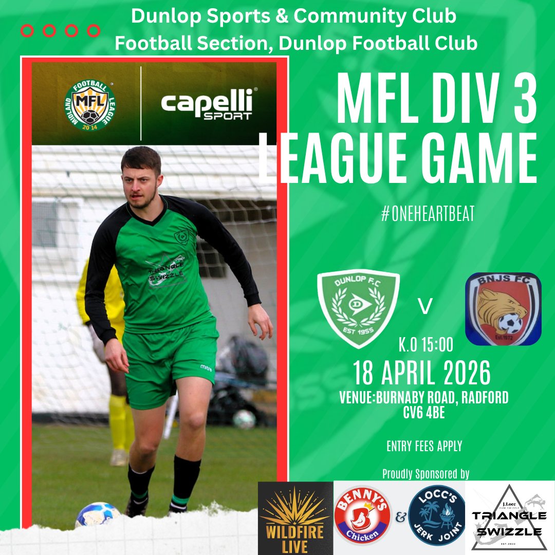 DunlopFC's tweet photo. More game days than rest days the last two weeks.  Dunlop this weekend are home against @bnjsfc

🏟 Burnaby Rd, CV6 4BE 
🕕 3pm kick-off 
🎟 £3 admission

@MidlandLeague 
@BelstaffBadge 
@NonLeagueHQ1 https://t.co/RLu79zsENf