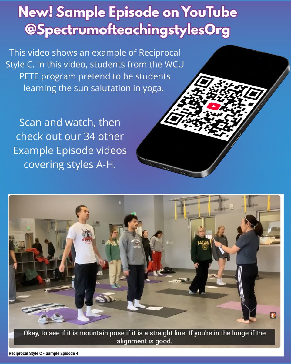 spectrumots's tweet photo. Curious about using the Spectrum of Teaching Styles in your classroom? Check out our YouTube Example Episodes playlist to see examples covering Styles A-H. Our newest is Reciprocal Style C-Episode 4, thanks to the Western Colorado University PETE students. https://t.co/BNkMRckSbB
