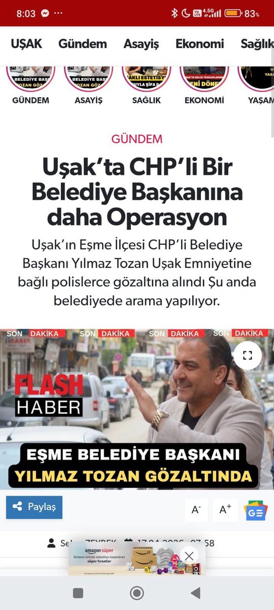 İlk TGRT Haber duyurdu. 

Uşak’ın Eşme ilçesi belediye başkanı Yılmaz Tozan gözaltına alındı.

Uşak'ta Eşme Belediyesiyle bağlantılı "irtikap" suçuna ilişkin soruşturma kapsamında, Belediye Başkanı Yılmaz Tozan ile eşinin de aralarında bulunduğu 5 şüpheli gözaltına alındı.

Eşme