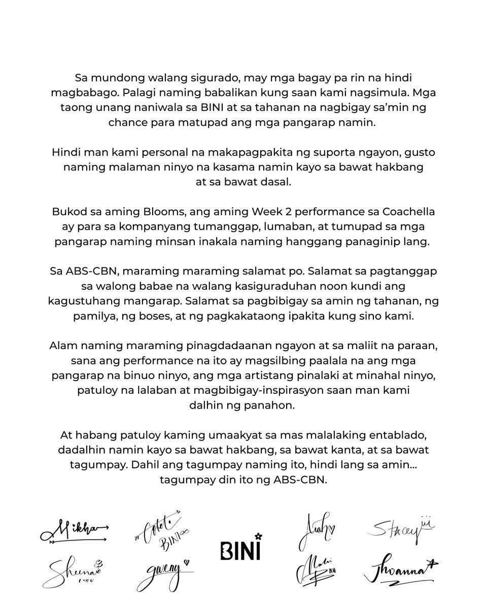 ABSCBNNews's tweet photo. BINI STANDS WITH ABS-CBN ❤️💚💙
 
Nagpahayag ng suporta ang BINI para sa ABS-CBN, na anila'y unang nagtiwala at nagbigay sa kanila ng pagkakataong matupad ang kanilang mga pangarap.
 
Sinabi rin nilang iaalay ang Week 2 performance sa Coachella "para sa kompanyang tumanggap, lumaban, at tumupad sa mga pangarap naming minsan inakala naming hanggang panaginip lang."
 
"Ang tagumpay naming ito, hindi lang sa amin... tagumpay din ito ng ABS-CBN," anila.

(📷: @BINI_ph)