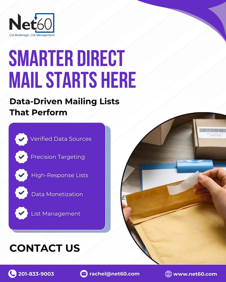 net60inc's tweet image. Your direct mail is only as strong as the data behind it.

Precision targeting. Verified data. Real performance.

Start building campaigns that actually deliver results.

📞 201-833-9003 | 🌐 net60.com | 📧 rachel@net60.com
#DirectMail #DataDriven #MarketingROI