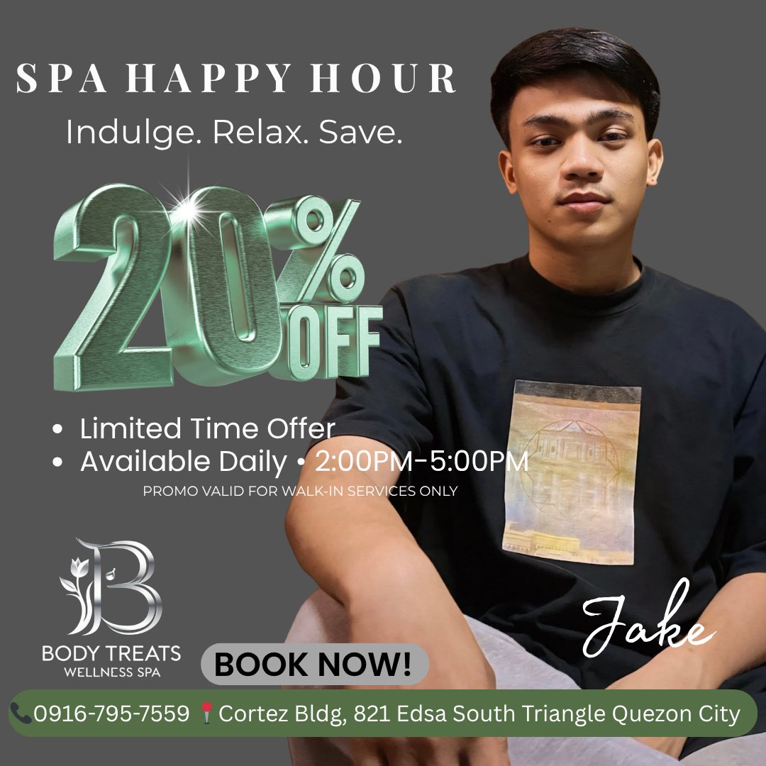 bodytreatsQC's tweet photo. It’s Happy Hour time 😏
Relax, indulge, and save—because you deserve it.

Enjoy 20% OFF on all services
📍 2PM – 5PM only
💆‍♂️ Walk-in guests only

Don’t miss out—see you today.

#HappyHourDeals #RelaxAndSave #SpaTime https://t.co/a5KEbgjGiA