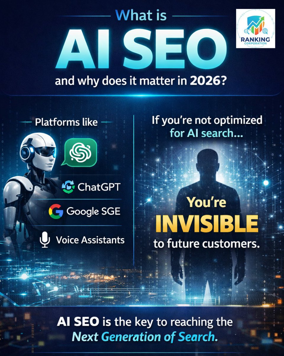 ranking_corp's tweet photo. What is AI SEO &amp; why it matters in 2026?

AI SEO helps your business appear in ChatGPT, Google SGE &amp; voice search. If you're not optimized, you're invisible to future customers.

Ranking Corporation makes you AI-visible.
🔗 https://t.co/YyCWBQx0D6

#AISEO #AEO #SEO2026 https://t.co/PeL4oXEM5g