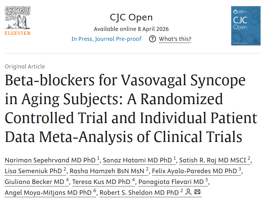NSepehrvand's tweet image. Beta-blockers don’t reduce #syncope recurrence in older adults with #VVS
#POST-5 trial + IPD meta-analysis showed no benefit vs placebo! Time to rethink North American guideline recommendations!🤔@CJCJournals 
Link: shorturl.at/PNw0y