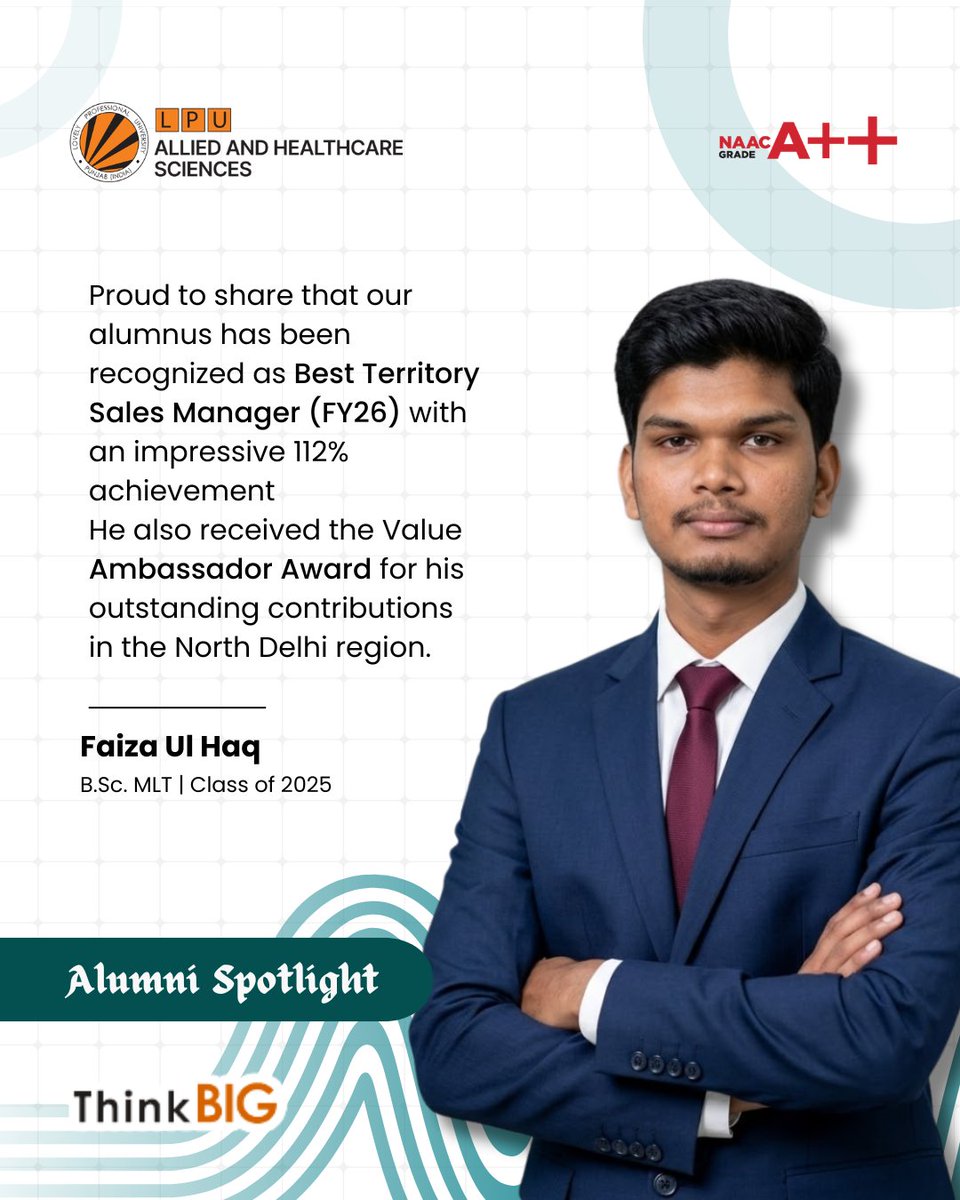 LPUMLSDept's tweet image. Celebrating excellence! 📷 Our alumnus Faiza Ul Haq shines as Best Territory Sales Manager (FY26) with 112% achievement. A true inspiration!
#AlumniPride #SuccessStory #AchievementUnlocked #FutureLeaders #ThinkBig #LPUProud #mls #lpu