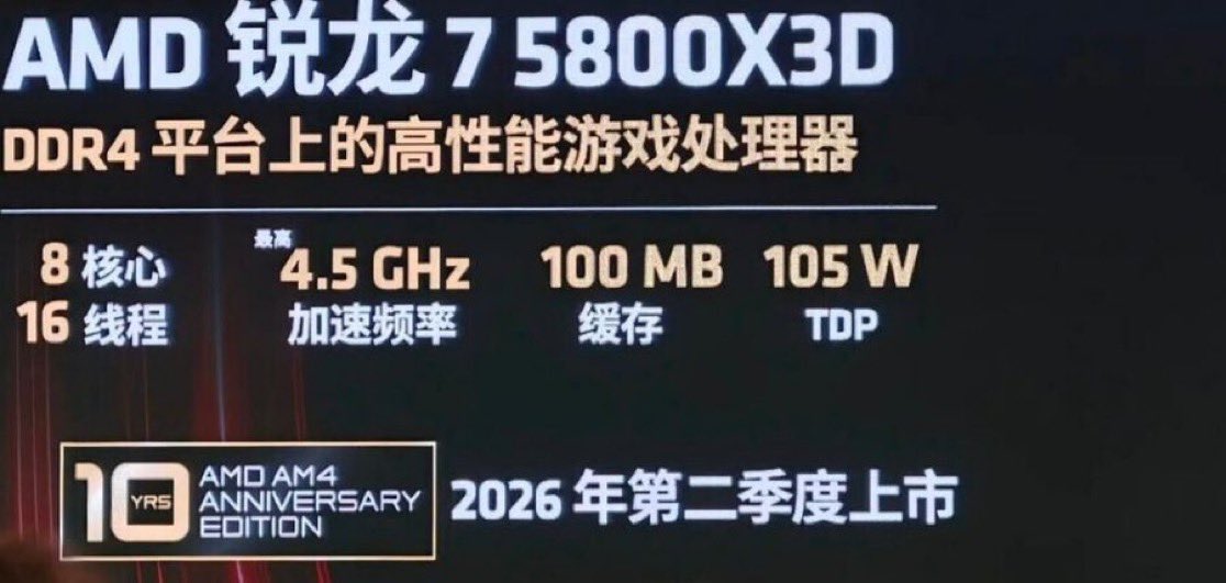 AMD is re-releasing the Ryzen 7 5800X3D as a special AM4 10th Anniversary Edition in the second quarter of 2026. 

This is a direct reissue of the original 2022 model with no changes to the hardware or performance. It retains the key features of the original:

> 8 cores, 16