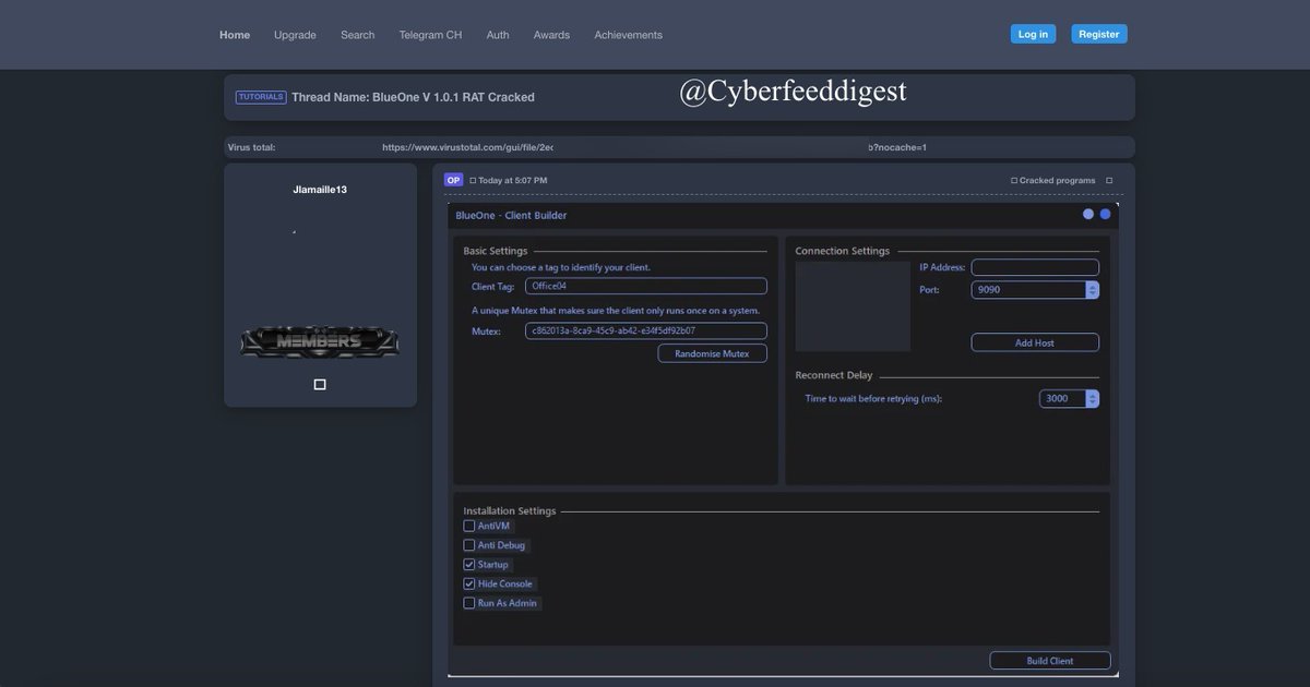 cyberfeeddigest's tweet image. A member of a #Darkweb forum allegedly Promoted new #Malware #RAT ,BlueOne V 1.0.1 RAT Cracked