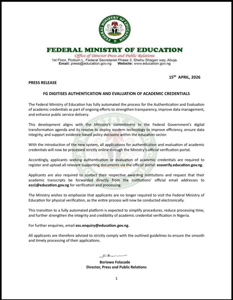 Authentication of educational documents can now be done online. You do not have to visit Abuja in person anymore 👏🏾