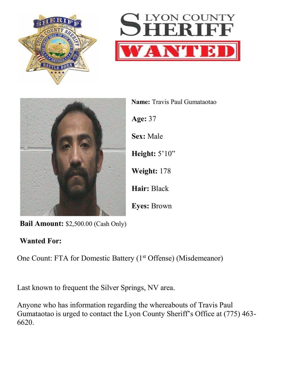 775times's tweet photo. Community Alert 🚨 The Lyon County Sheriff’s Office is looking for Travis Gumataotao. Anyone who sees him is urged to contact the Lyon County Sheriff’s Office at (775) 463-6620. #nevada https://t.co/b3fPJDli8Q