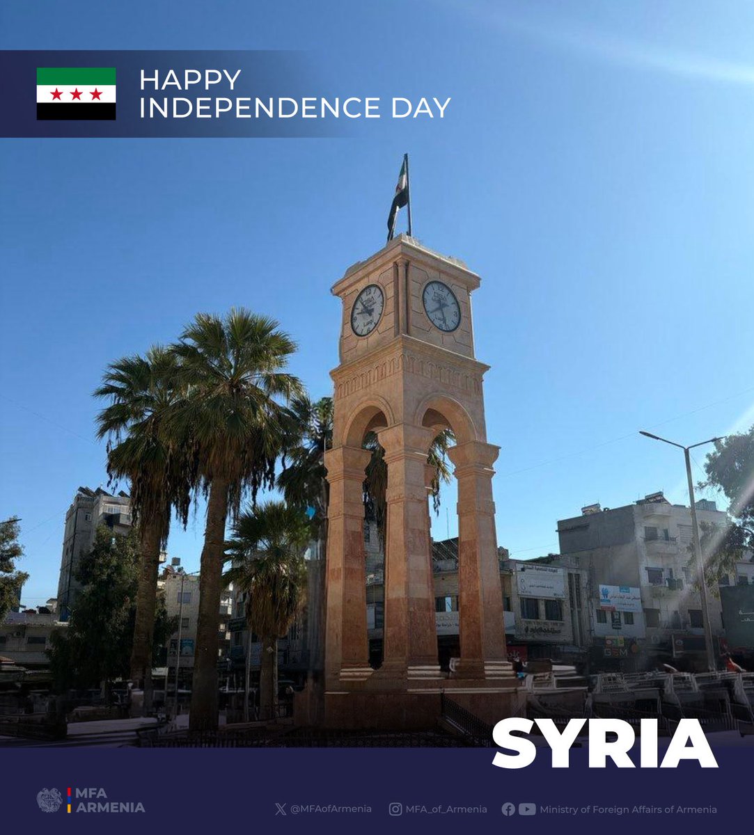 MFAofArmenia's tweet image. Our warm congratulations to the Government &amp;amp; people of #Syria on the 80th anniversary of #IndependenceDay. 

🇦🇲 values its ties with 🇸🇾. We closely follow positive developments in Syria, hoping they will pave the way for peace, stability &amp;amp; a prosperous future for its people.