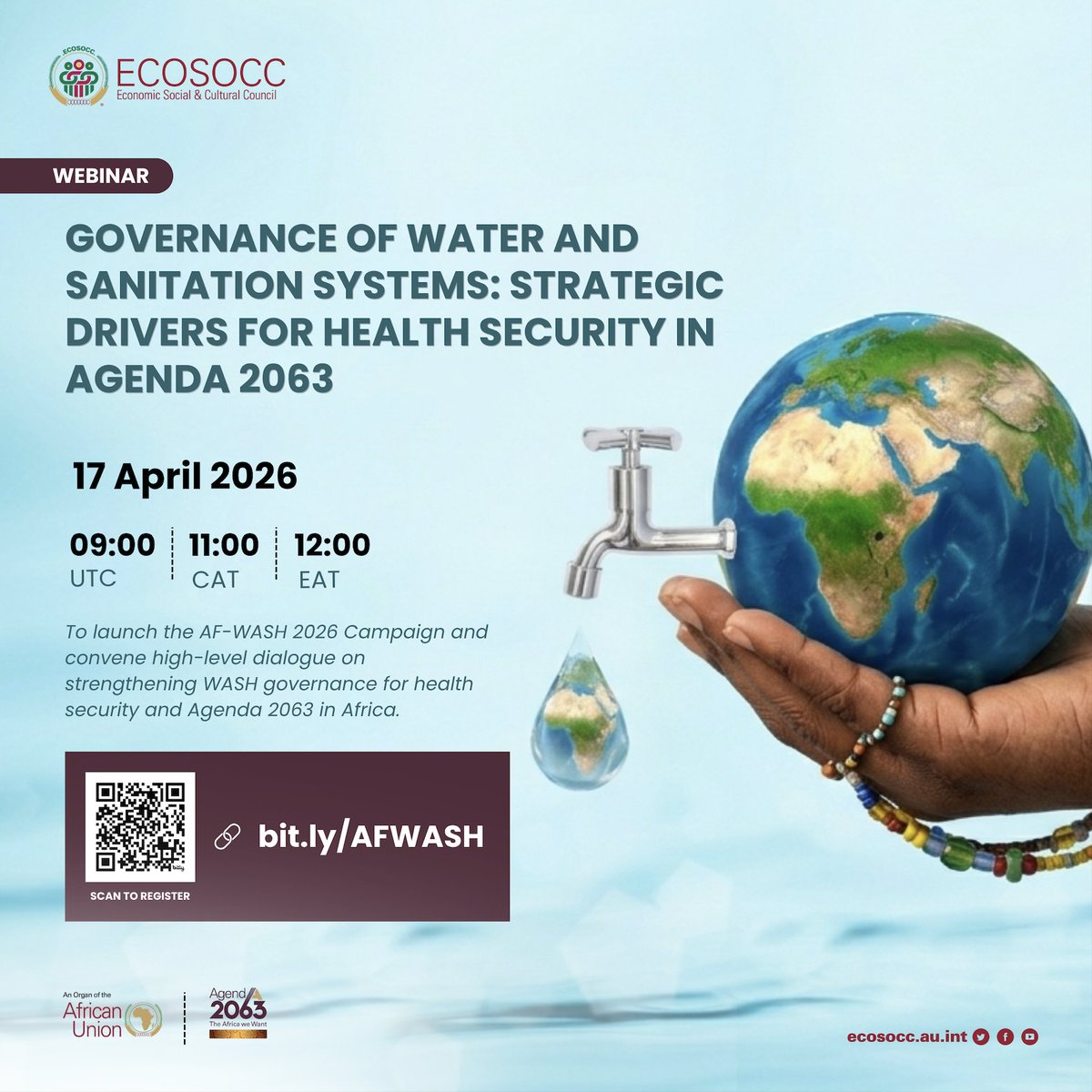 AU_ECOSOCC's tweet image. 🔔We're live in 1 hour!

🔗 bit.ly/AFWASH

Join us for the official launch of the AF-WASH 2026 Campaign and a focused discussion on how #water and #sanitation systems are governed across #Africa.

🕒 09:00 UTC | 11:00 CAT | 12:00 EAT

Join here: