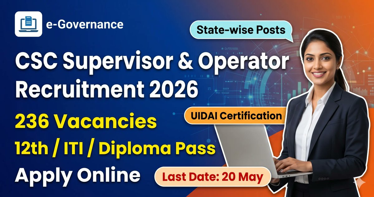 sjobselection's tweet photo. CSC Aadhaar Supervisor/Operator
📊 236 Vacancies across India
12th/ITI/Diploma + UIDAI Certificate required
Last Date: 20 May 2026

Check the NSEIT certification details &amp; Apply: 👇 🔗 https://t.co/ImA4EIjuez
#UIDAI #CSCJobs #AadhaarJobs #SarkariNaukri #GovtJobs https://t.co/RECAe6NWz9