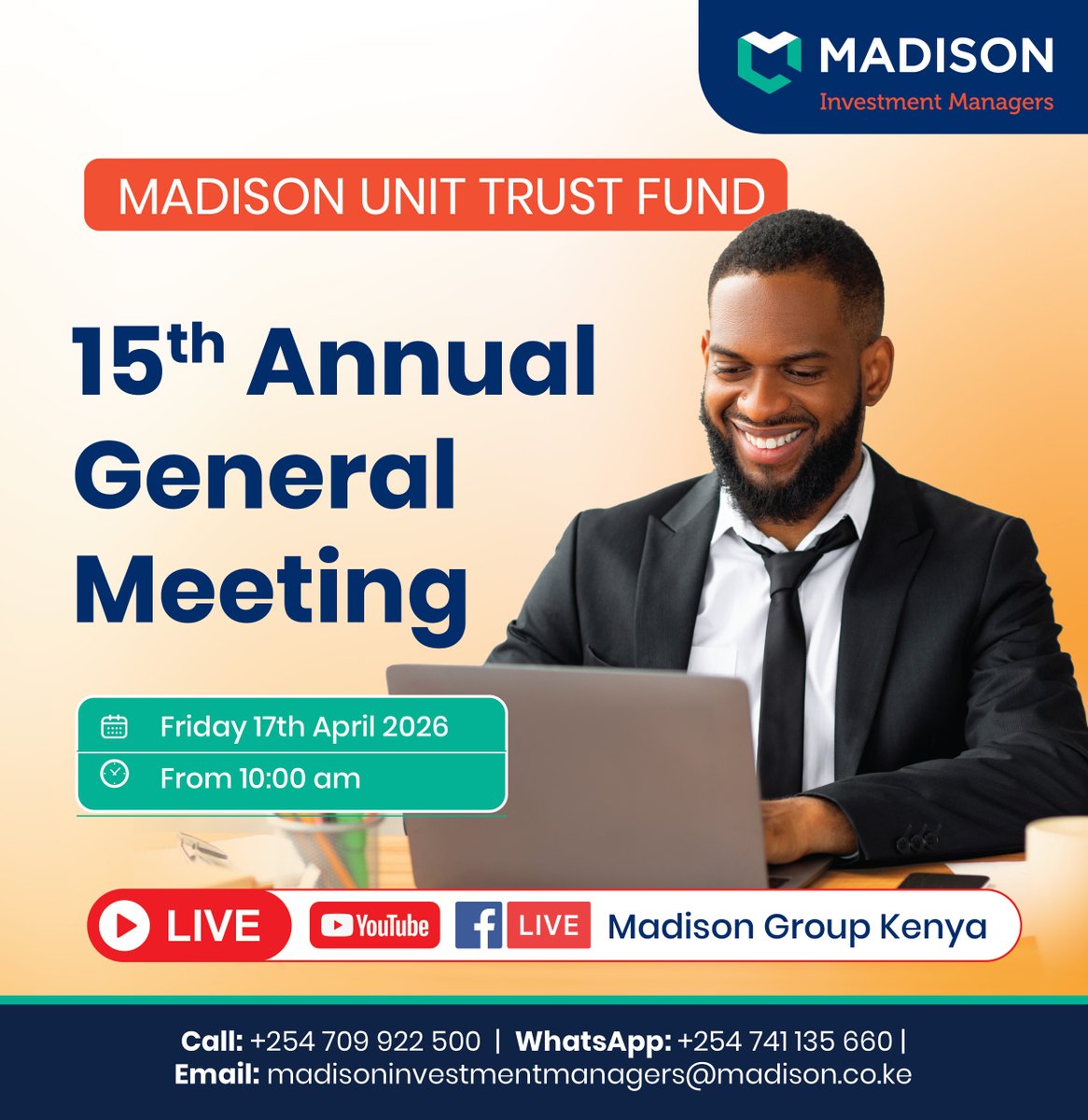 MadisonGroupKe's tweet photo. Join us live today, 17th April on YouTube and Facebook from 10:00 a.m. for the 15th AGM of the Madison Unit Trust Fund!

#lifewithoutworry #madisongroupke #UnitTrustFunds #MoneyMarketFunds https://t.co/RL2FGWflYU