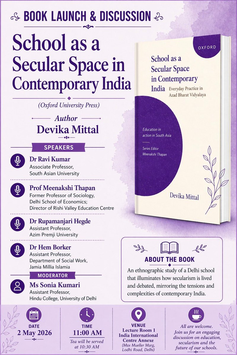 What does secularism look like in everyday life?

Join us for a conversation around School as a Secular Space in Contemporary India—an ethnographic journey into a Delhi school and the many meanings of secularism it reveals.

For queries, mail at secularschoolbook@gmail.com