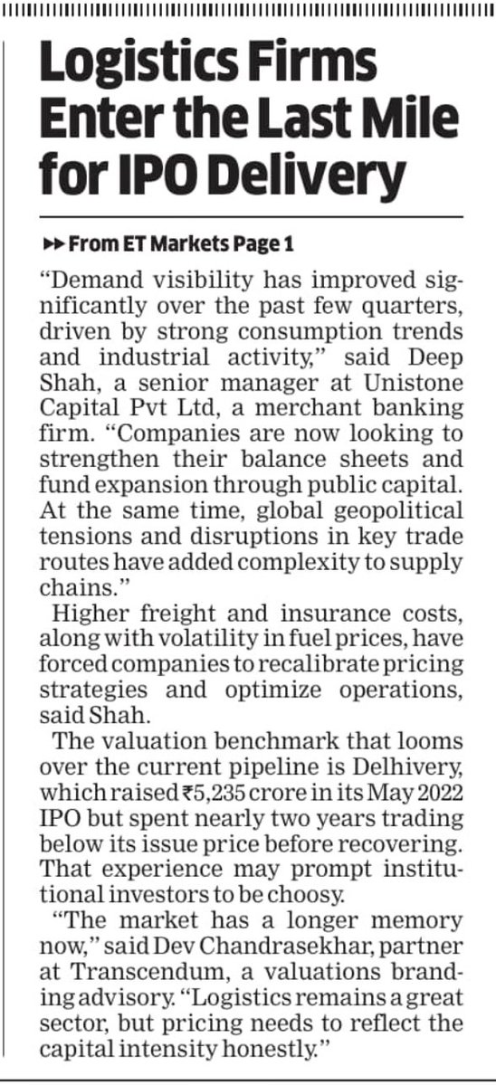 HimadriBuch's tweet image. India’s #logistics space is seeing a renewed rush to the #IPO market. Companies like #SkywaysAir, #CJDarcl, #LeapIndia, #Shiprocket &amp;amp; others have filed DRHPs with #SEBI targeting to collectively raise Rs 8,000–9,000 crore over the next few quarters. Do read @EconomicTimes