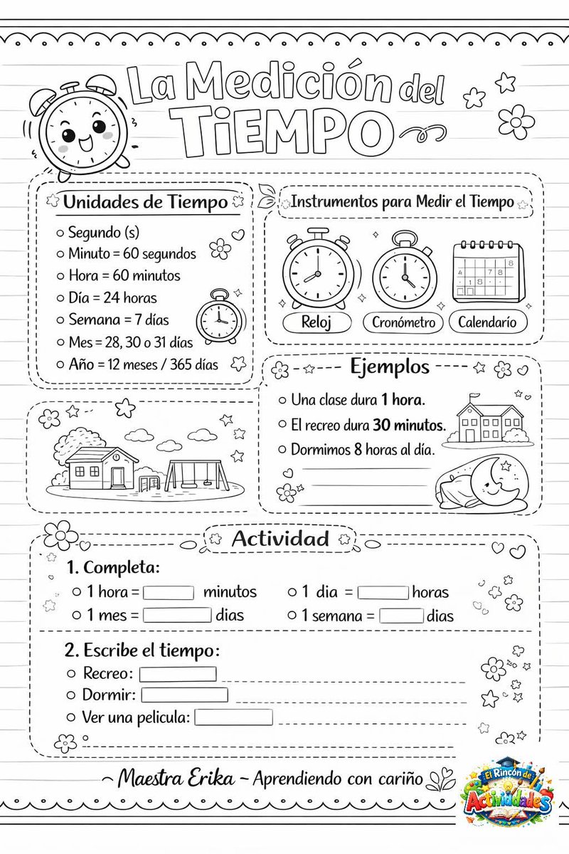 elprofe_Vicente's tweet image. 👨🏻‍🏫 #Aprender la medición del #tiempo 🕐 también puede ser divertido. Con esta ficha repasamos #segundos, #minutos, #horas, #días, #semanas y #meses, además de usar #relojes, #cronómetros y #calendarios. Una actividad perfecta para #Primaria‼️
.
.
.
#Matemáticas @elprofe_Vicente