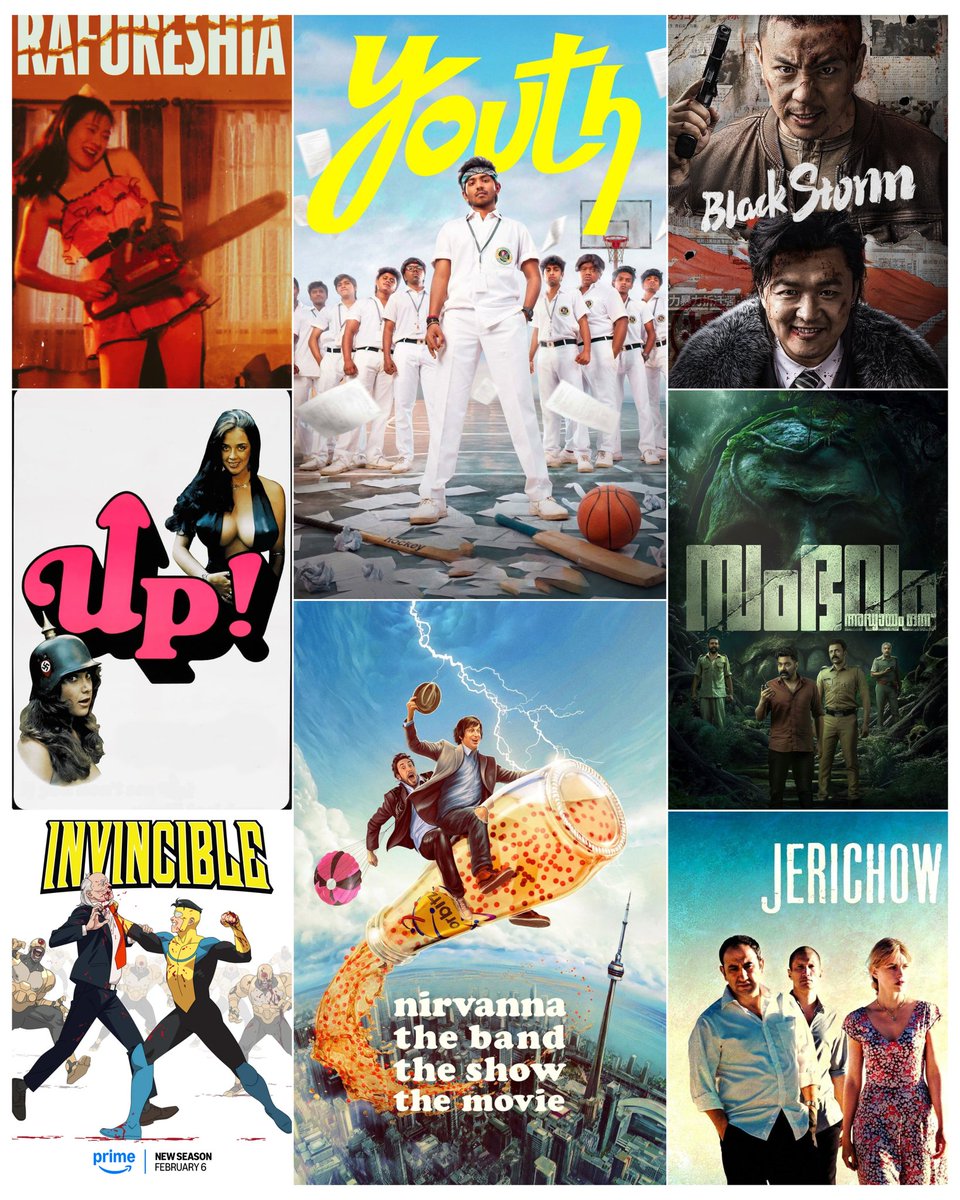 rajmohan2blue's tweet photo. My Weekend Watchlist 🤘 

#NirvannaTheBandTheShowTheMovie #BlackStorm #Jerichow  #Up #SambhavamAdhyayamOnnu #Youth #Rafureshia #Invincible S4 https://t.co/XDbmp5PQl3