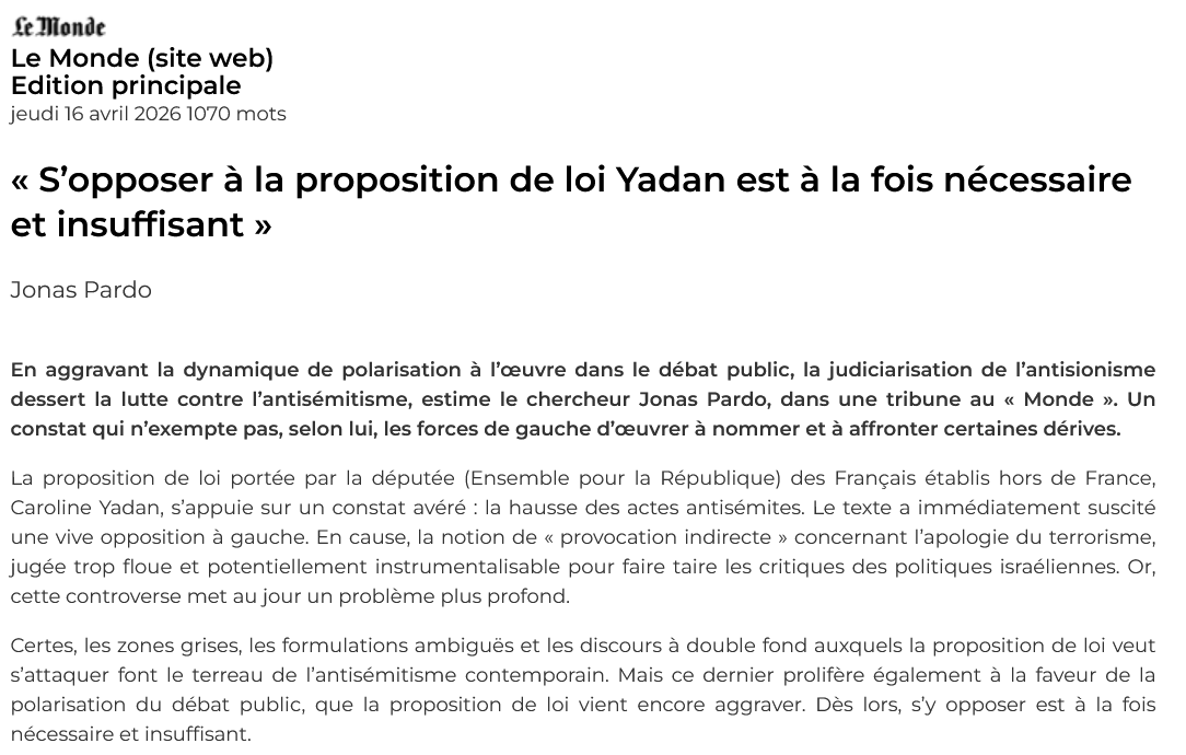 JackyCho8's tweet photo. Tribune de Jonas Pardo sur les conséquences désastreuses de la loi Yadan et de la polarisation face au besoin de clarification, de débat et de lutte réelle contre l'antisémitisme https://t.co/GRtK5CRS23