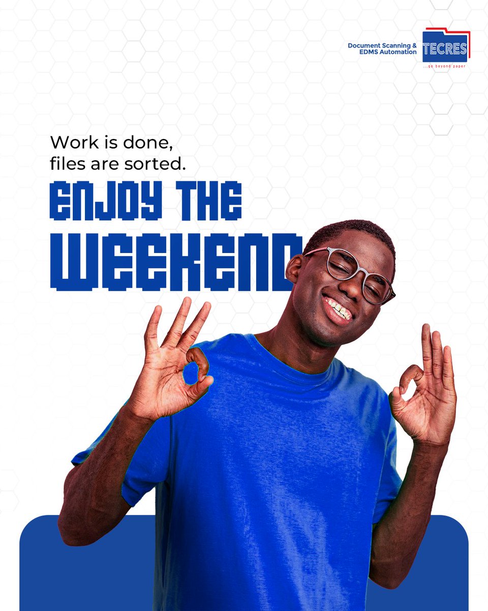 TecresTNL's tweet photo. That empty inbox, organised desk feeling hits different.
With your physical & digital files sorted, you head into the weekend stress-free.
Tecres Technologies handles your document management so you can focus on life. Enjoy your weekend!
#tecrestechnologies #gobeyondpaper https://t.co/hWkFDb2R7m