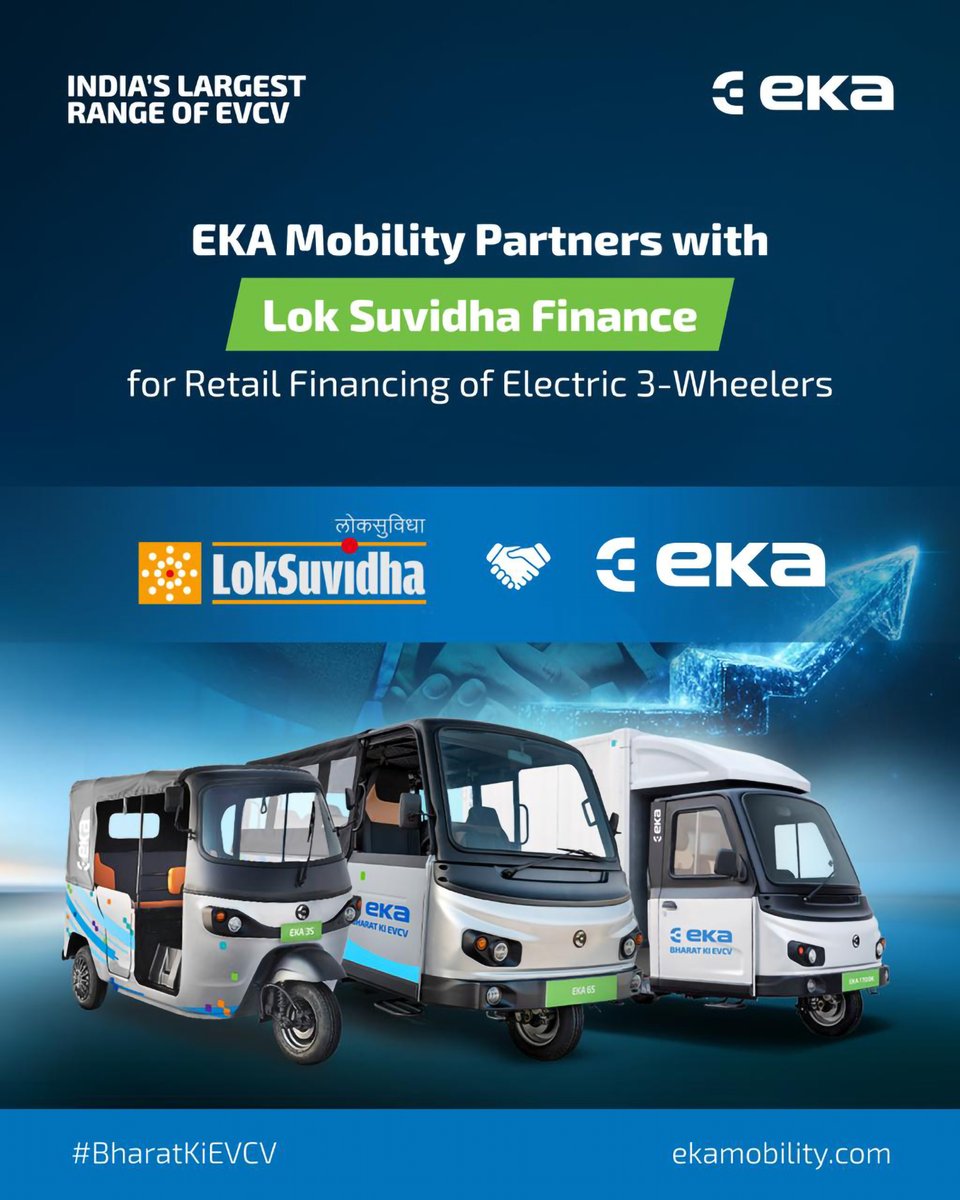 ekamobility's tweet image. EKA Mobility has signed a strategic MoU with Lok Suvidha Finance to strengthen retail financing for its Electric 3 wheeler range— 3S, 6S, and 3W Cargo — across India.

#EKAMobility #LokSuvidhaFinance #Retailfinancing #3wheelerfinancing