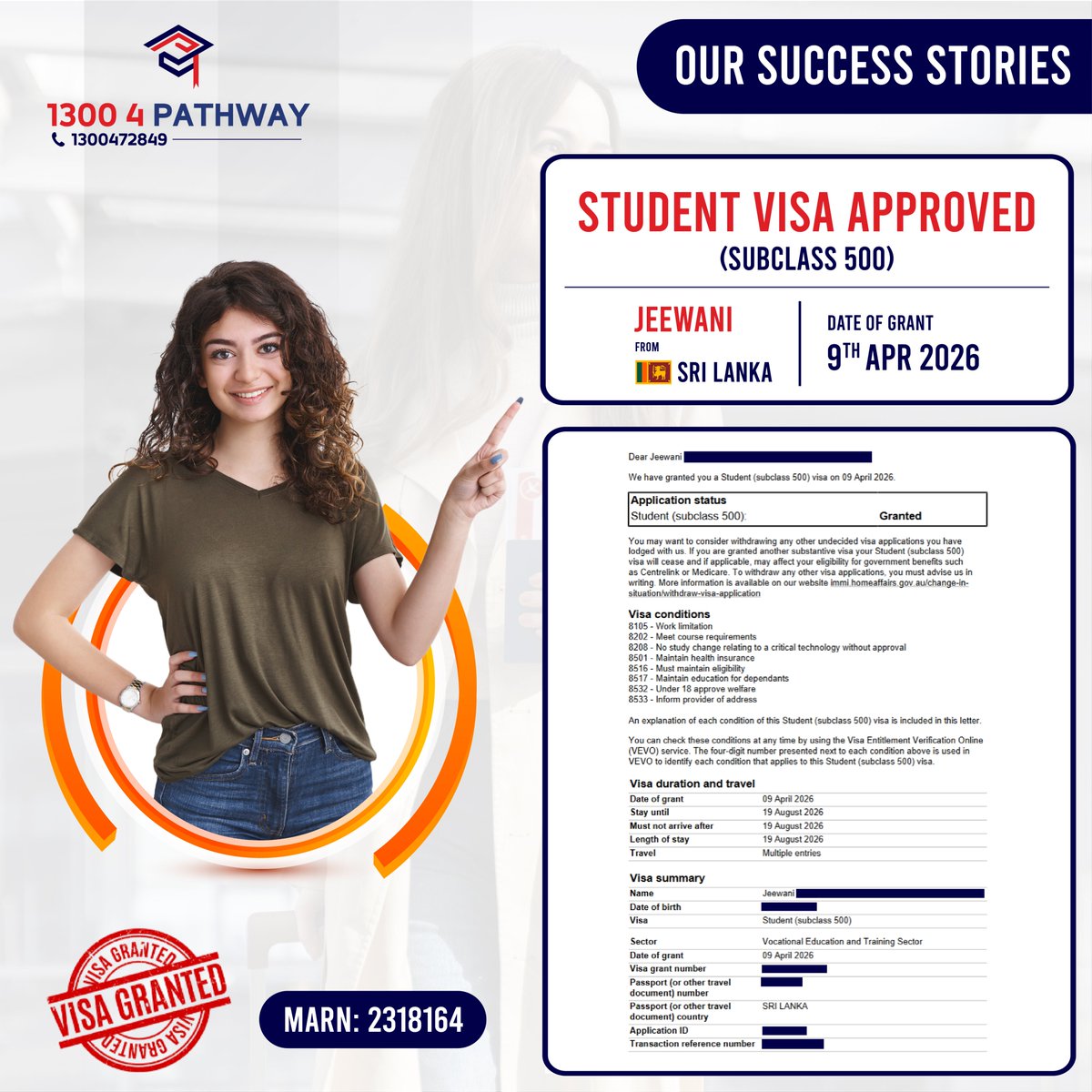 pathway_edu_au's tweet image. 🌟👨‍🎓 Celebrating Jeewani's Visa Success Story!

#visa #Successstories #studentvisa #visagranted #subclass500 #VisaSuccess #EducationConsultation #MigrationServices