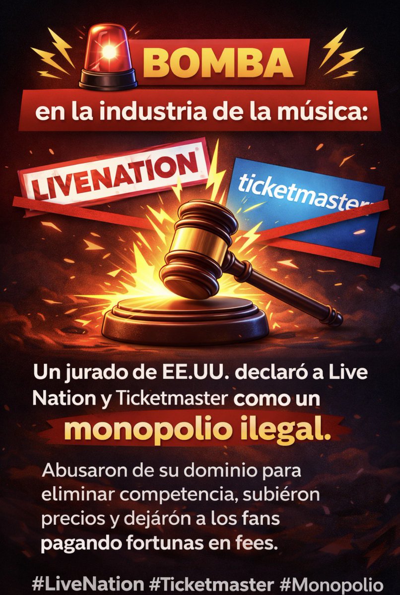 InfluencerRevd's tweet image. 🚨 BOMBA en la industria de la música:

Un jurado de EE.UU. declaró a Live Nation y Ticketmaster como un monopolio ilegal.

Abusaron de su dominio para eliminar competencia, subieron precios y dejaron a los fans pagando fortunas en fees. 

#LiveNation #Ticketmaster #Monopolio