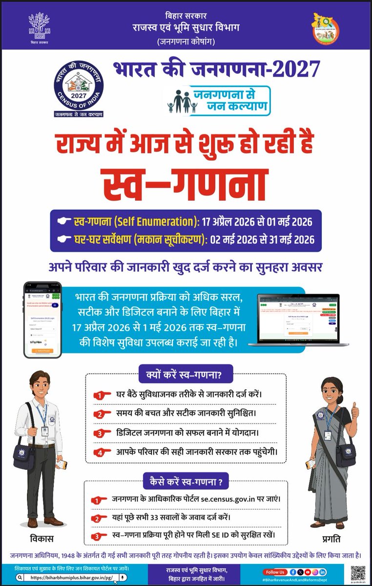 बिहार राज्य के नागरिक आज (17.04.2026) से लेकर 01.05.2026 तक स्व- गणना में भाग लेकर देश के विकास में अपनी भागीदारी सुनिश्चित करें।
स्व- गणना पोर्टल se.census.gov.in के माध्यम से नागरिक अपनी जानकारी घर बैठे भर सकते हैं।

#Census2027 
#जनगणना2027 
#SelfEnumeration