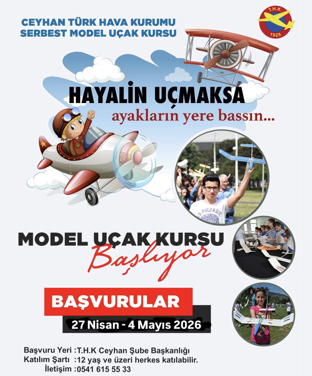 Hayalini uçurmak isteyenler için fırsat! ✈️
Ceyhan THK Serbest Model Uçak Kursu başlıyor. Hem eğlenip hemde havacılığın temellerini öğrenilecek

📅 27 Nisan – 4 Mayıs 2026
👤 12 yaş ve üzeri

Ceyhan’da havacılığı yaygınlaştırmaya devam ediyoruz
Hayalin uçmaksa, doğru yerdesin! 🚀