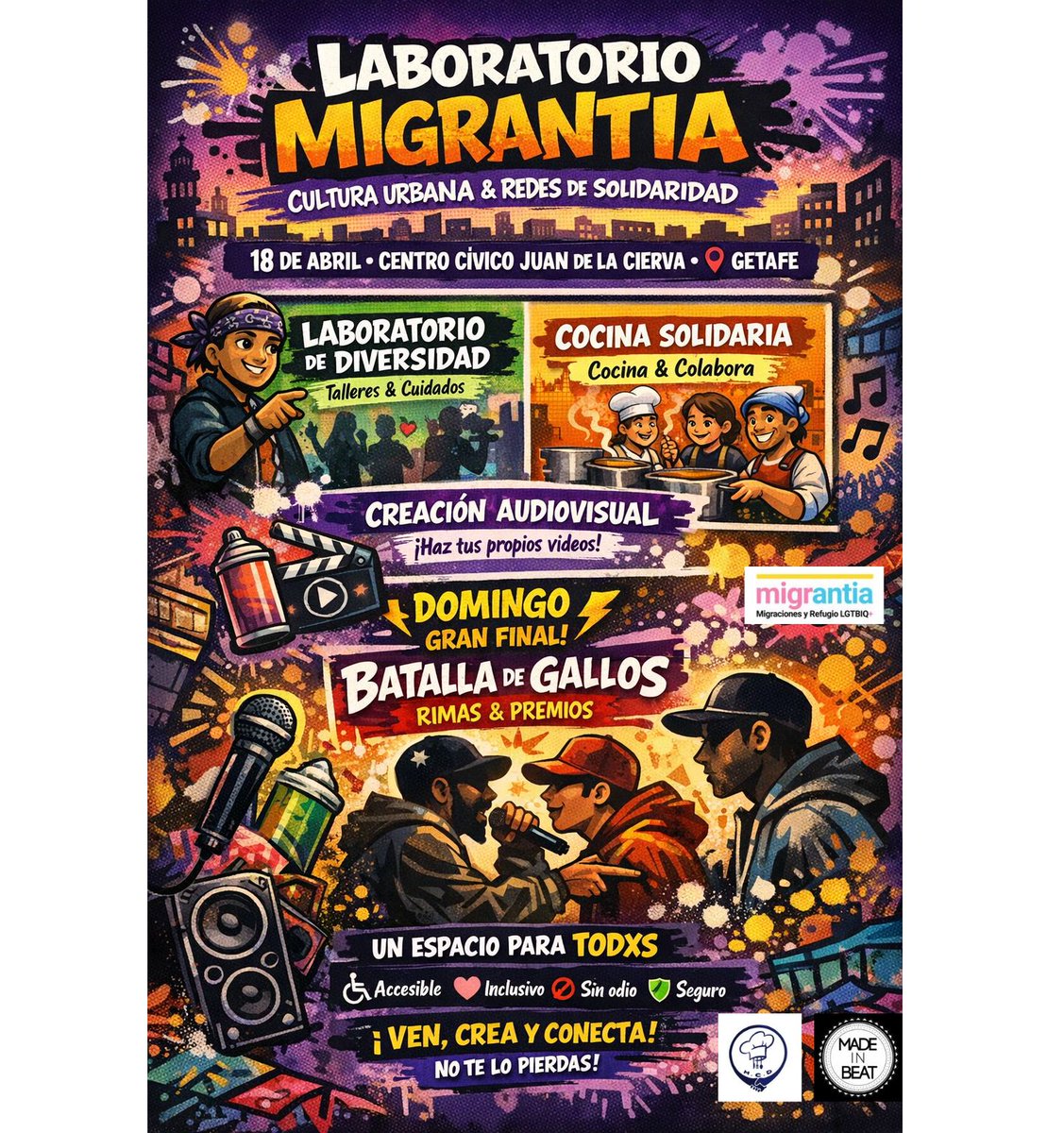 getafejoven's tweet image. LABORATORIMIGRANTIA
DOMINGO 19 
✅10:00–14:00 Batalla de Gallos por la Inclusión
✅Entrega de premios y Cierre jornadas
Un espacio GRATUITO para todXs #Accesible #inclusivo #SinOdio y #Seguro
Inscríbete ya !!!!👉buff.ly/8Tcjipt o en el QR de la imagen
#BIJ2026 #migrantia