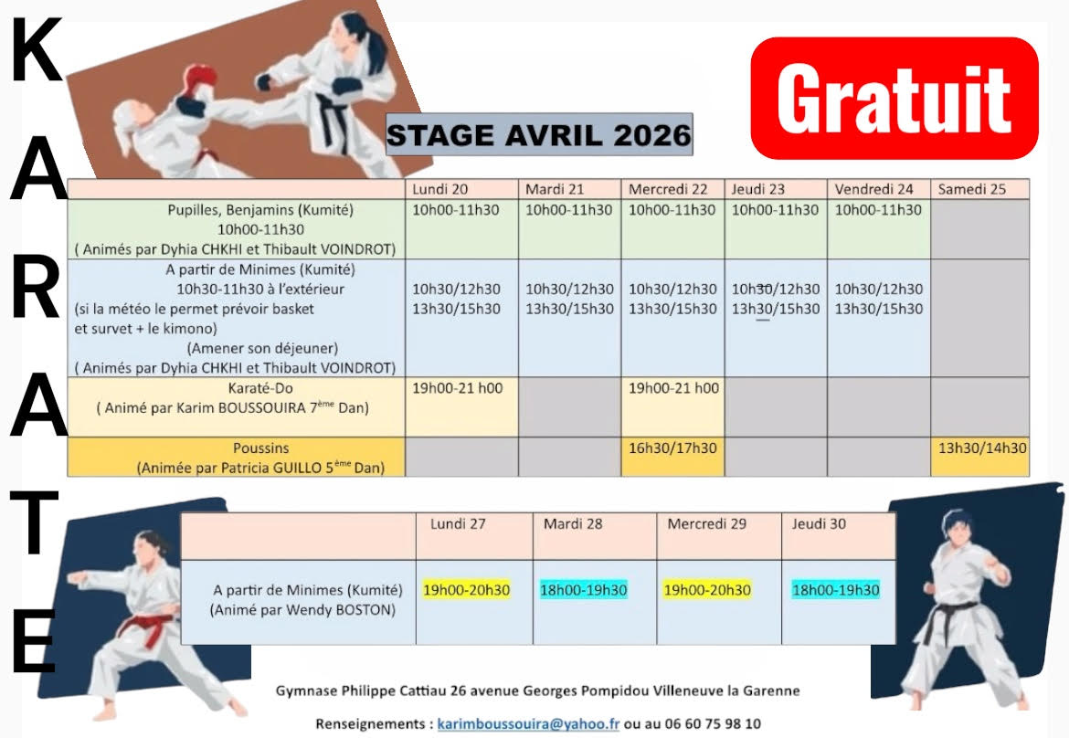 CDKarate92's tweet image. #Stage

👉 Le SKC Villeneuve-La-Garenne vous propose un stage durant les vacances scolaires 🥋 .

📅 Lundi 20 au jeudi 30 avril 2026
💰 Gratuit
⛩ Gymnase Philippe Cattiau
ℹ Karim BOUSSOUIRA
📞 06 60 75 98 10
📧 karimboussouira@yahoo.fr

#Karate #CDKarate92