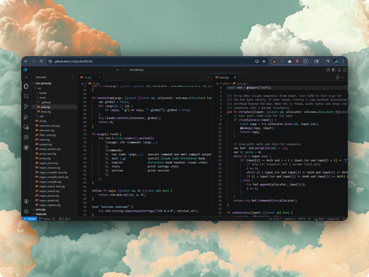 ztk source code in VS Code showing Zig implementation with ANSI escape stripping using SIMD vector operations