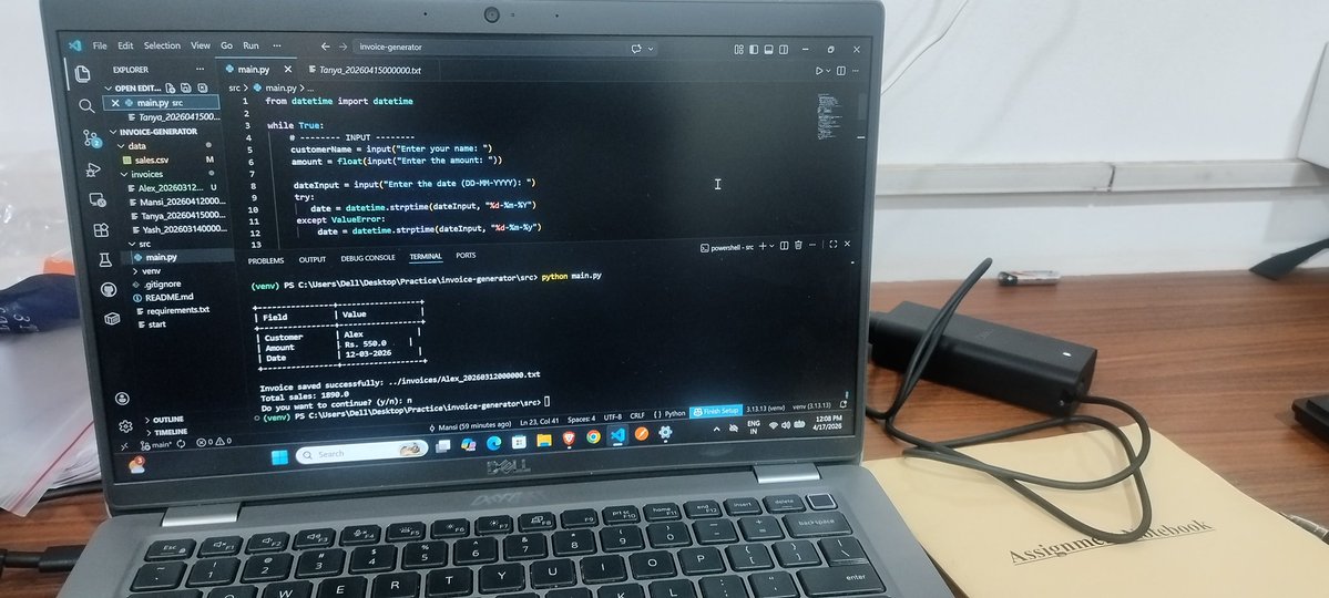 Day 3 – Internship 🚀
Got my office laptop 💻

1-Installed pandas, fpdf, &amp;streamlit. 2-Faced many warnings &amp;  noticed extra files being created.
3-Later understood some were generated by pandas, so added them to .gitignore for clean Git tracking.

Also built a simple invoice