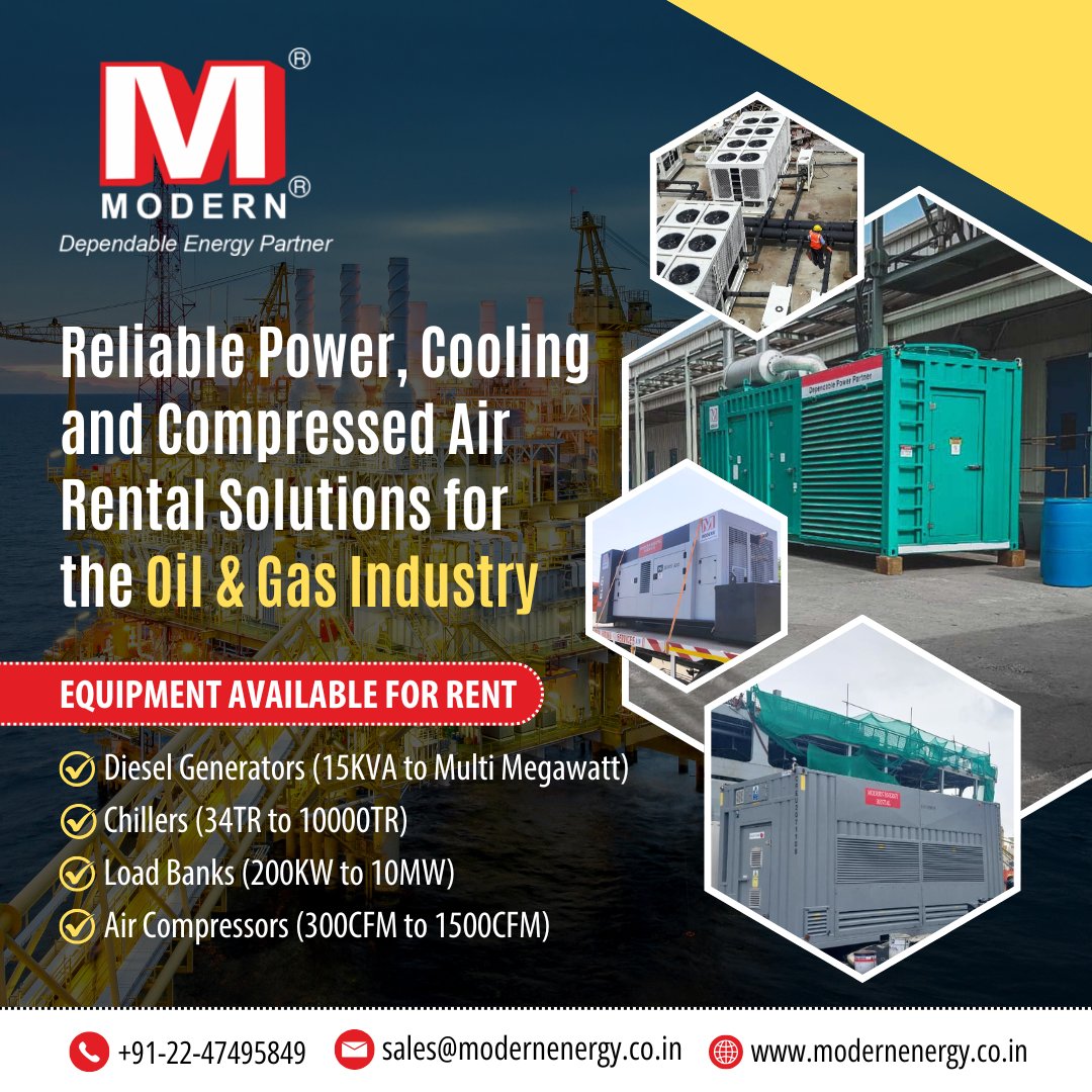 ModernEnergyRPL's tweet photo. Power, Cooling &amp; Compressed Air Rental Solutions for Oil &amp; Gas

Modern Energy Rental delivers generators, chillers, load banks &amp; air compressors with fast deployment and expert support.

Connect: https://t.co/1a2HmEalyU

#dieselgeneratoronrent #loadbankonrental #chillersonrent https://t.co/hkvVVSrPMy