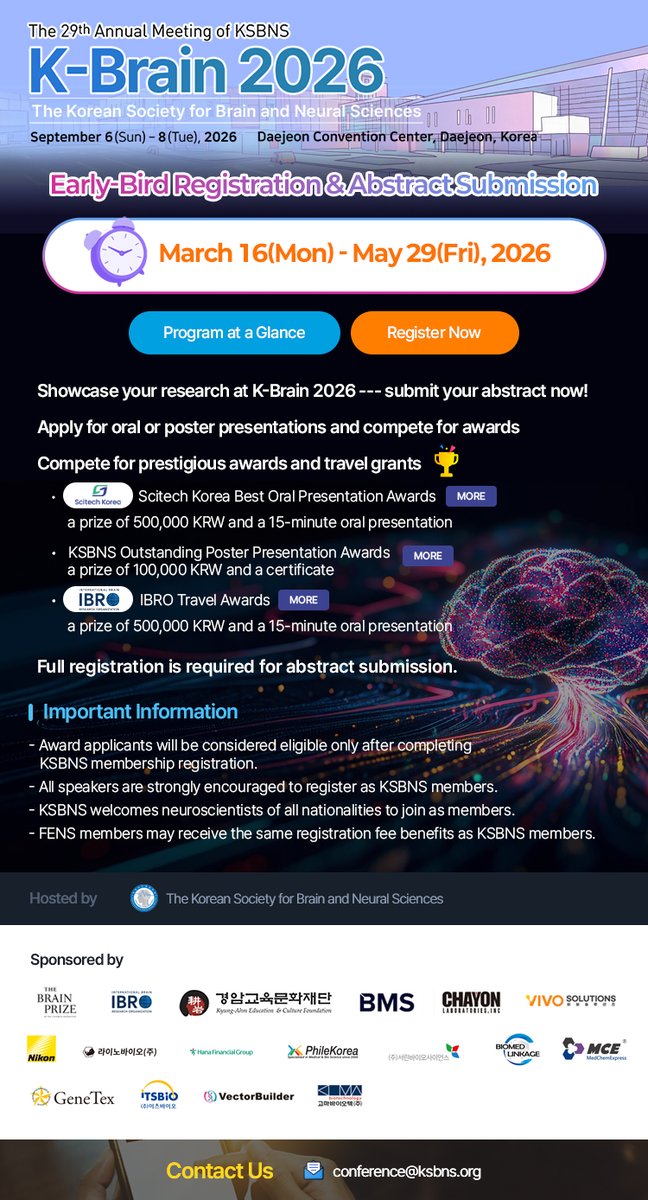 KsbnsNeuro's tweet photo. Apply for oral or poster presentations at K-Brain 2026 and compete for awards!π
- Scitech Korea Best Oral Presentation Awards
- KSBNS Outstanding Poster Presentation Awards
- IBRO Travel Awards @IBROorg
Submit your abstract now: https://t.co/HexfvOyisC
#KSBNS #KBrain2026 https://t.co/H0IfeqwJsd