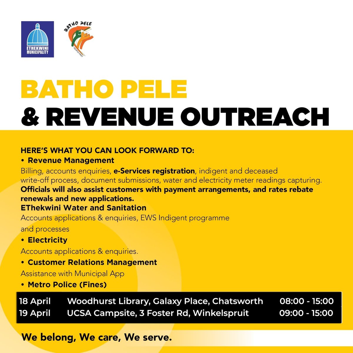 eThekwiniM's tweet photo. The City’s Outreach team will be available to assist you this weekend. Visit them if you have a query or need help. #BathoPele https://t.co/VYkcfPcjV4