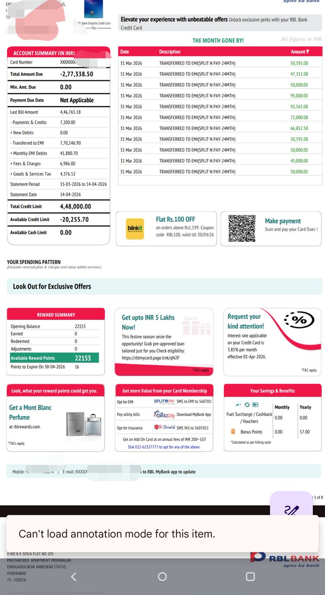 RaviMba2014's tweet photo. @rblbank I’m shocked my March outstanding includes my already-paid Feb balance for EMI conversion. System is including settled payments &amp; now I’m being asked for foreclosure charges on paid amounts! Fix this @RBIsays @RBI. #RBLBank #ConsumerRights #BankingGrievance #RBI https://t.co/ZafKSeurgn