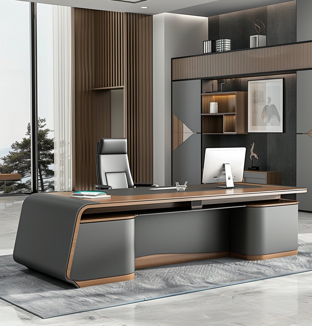 Saintcy123's tweet image. Architectural tension. A vast walnut worktop meets a sculptural cantilevered leg and massive charcoal storage. A bold statement of modern visionary power and structural clarity.  #executiveoffice #ceostyle
