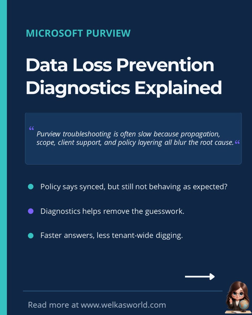 WelkasWorld's tweet image. 📘 Microsoft Purview Data Loss Prevention Diagnostics Explained

Quick walkthrough on how to troubleshoot DLP policies in Purview when they don’t behave the way you expect.
Full guide here:
🔗welkasworld.com/post/microsoft… 

#MicrosoftPurview #DLP #M365 #Purview