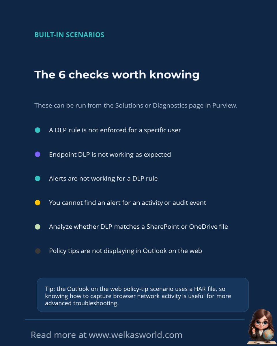 WelkasWorld's tweet image. 📘 Microsoft Purview Data Loss Prevention Diagnostics Explained

Quick walkthrough on how to troubleshoot DLP policies in Purview when they don’t behave the way you expect.
Full guide here:
🔗welkasworld.com/post/microsoft… 

#MicrosoftPurview #DLP #M365 #Purview