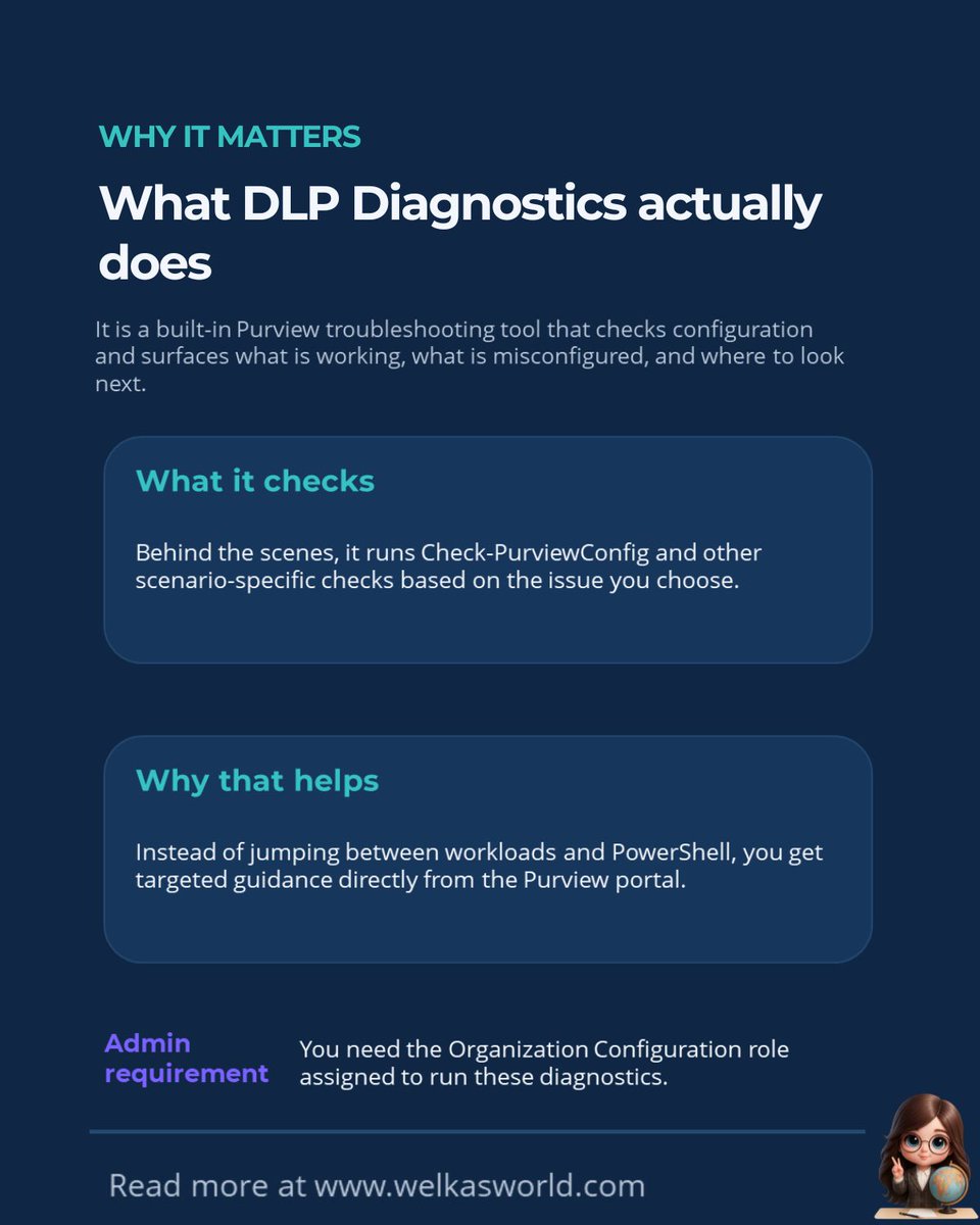 WelkasWorld's tweet image. 📘 Microsoft Purview Data Loss Prevention Diagnostics Explained

Quick walkthrough on how to troubleshoot DLP policies in Purview when they don’t behave the way you expect.
Full guide here:
🔗welkasworld.com/post/microsoft… 

#MicrosoftPurview #DLP #M365 #Purview