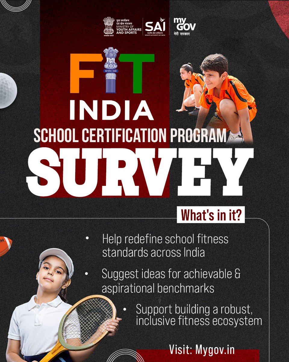 mygovindia's tweet image. Beyond the Benchmarks: Reimagining School Fitness

Your inputs can help design an achievable roadmap for schools across India that promotes active lifestyles and supports a more inclusive, district-led Fit India framework.

Participate now: mygov.in/mygov-survey/f…

#FitIndia