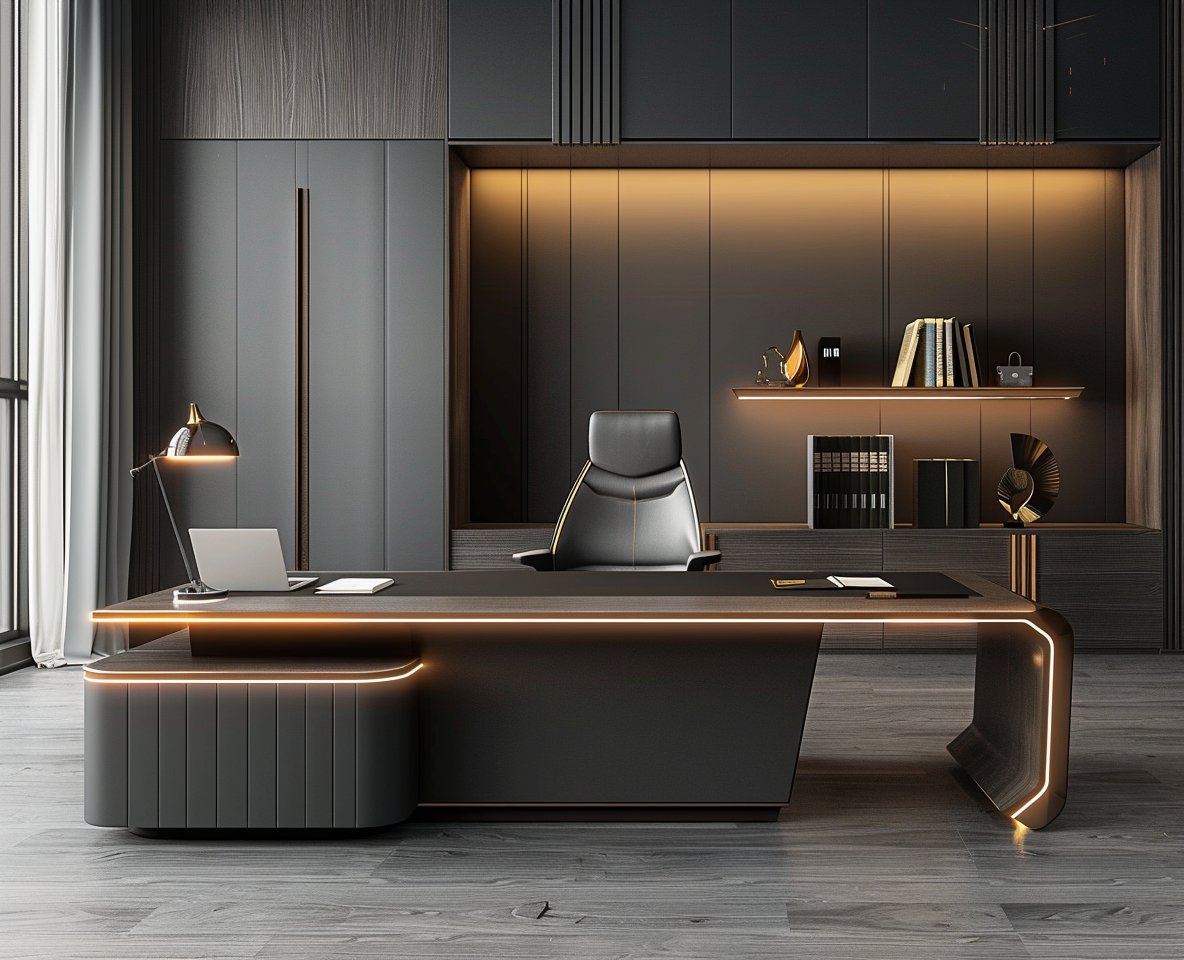 Saintcy123's tweet image. Refined command. Deep espresso grains are framed by precision gold trim, featuring an integrated open-shelf return. Under-desk lighting adds a sophisticated, grounded glow.  #luxurydesk #minimalism