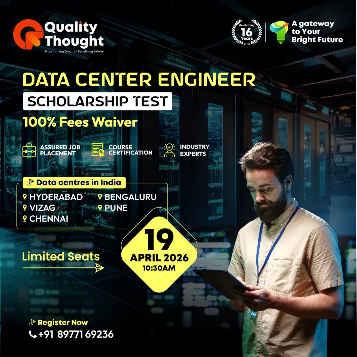 QTTWorld's tweet photo. 📈Launch your tech career with Quality Thought’s free scholarship test and secure your path to a high-paying role.
📅19th April | ⏰10:30 AM
✅Enroll:  https://t.co/dX3LysaxIm
📞89771 69236
🔗WhatsApp Channel: https://t.co/dyhzVb4cix
📍Ameerpet
#DataCenterEngineer #QualityThought https://t.co/yiWH4ScFF9