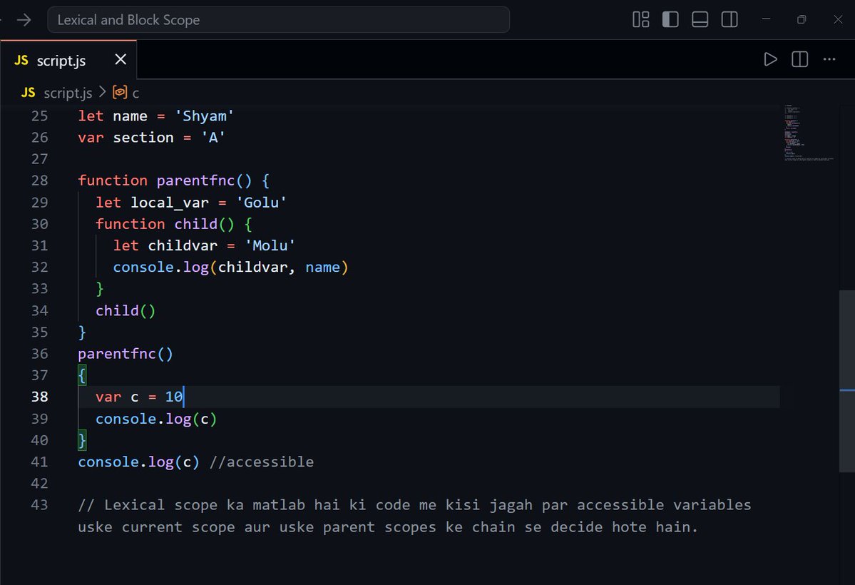 AK_FrontEnd's tweet image. Just cracked JS scopes:

Global → everywhere
Local → inside function
Lexical → where code is written
Block → { } with let/const
JS isn’t confusing, concepts mixed hote hain.
#JavaScript #JS #WebDev #Frontend #Coding #LearnInPublic #100DaysOfCode #CodingLife #DevCommunity