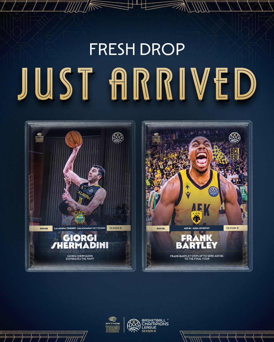 mythoshoops's tweet photo. 🔥 LAST TICKETS TO THE FINAL FOUR

Win or go home… and they delivered.

Frank Bartley stepped up for AEK BC against Asisa Joventut with a clutch performance, leading his team to the Final Four and earning MVP honors with 16 points, 3 assists, and 3 steals.

Giorgi Shermadini dominated for La Laguna Tenerife against Galatasaray in a do-or-die clash, dropping a massive double-double with 20 points and 14 rebounds. A statement performance when it mattered most.

The Final Four is set… don’t miss your chance to own these moments. 💥

🎴 Build your collection now.
🛒 Cards are now on sale: https://t.co/0QROT2nFyy

#MythosToday #BCL #BasketballCL #FinalFour
#FrankBartley #GiorgiShermadini
#AEKBC #LaLagunaTenerife